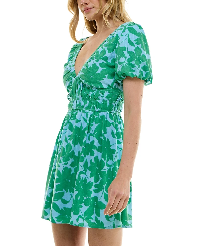 Trixxi Juniors' Floral-Print Ruched-Waist Puff-Sleeve Dress