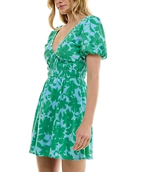 Trixxi Juniors' Floral-Print Ruched-Waist Puff-Sleeve Dress