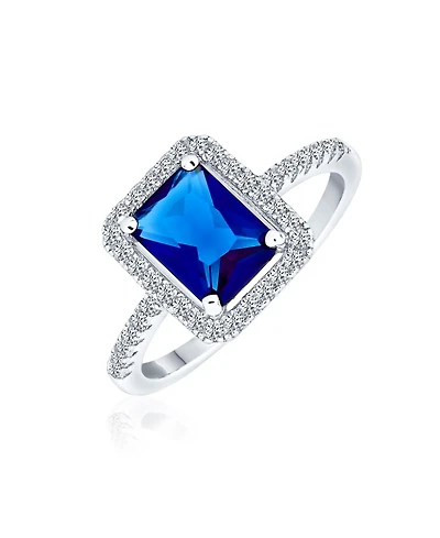 Bling Jewelry 3CT Cz Pave Band Rectangle Solitaire Halo Royal Blue Emerald Cut Promise Ring Sterling Silver