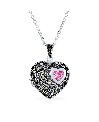 Bling Jewelry Butterfly Marcasite Pink Cz Heart Locket Necklace Rose Gold Sterling Silver