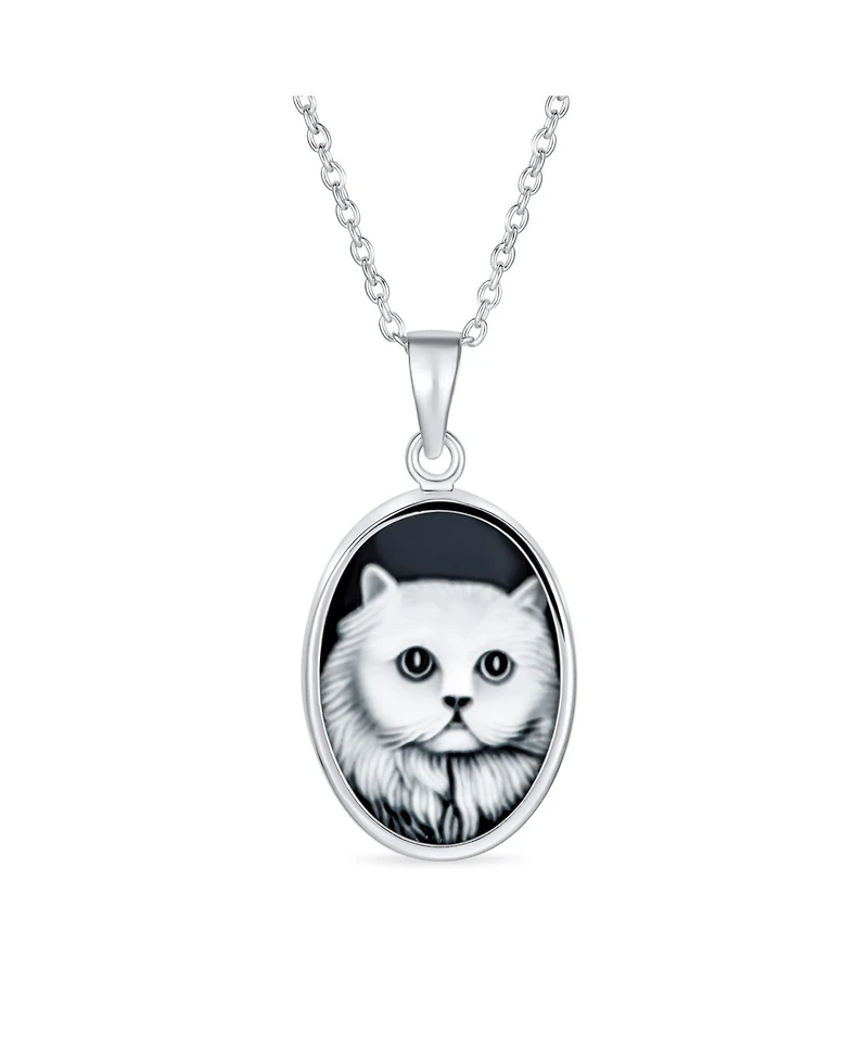 Bling Jewelry Antique Style Black Cz Sitting White Grey Kitten Kitty Cat Portrait Cameo Pendant Necklace Sterling Silver