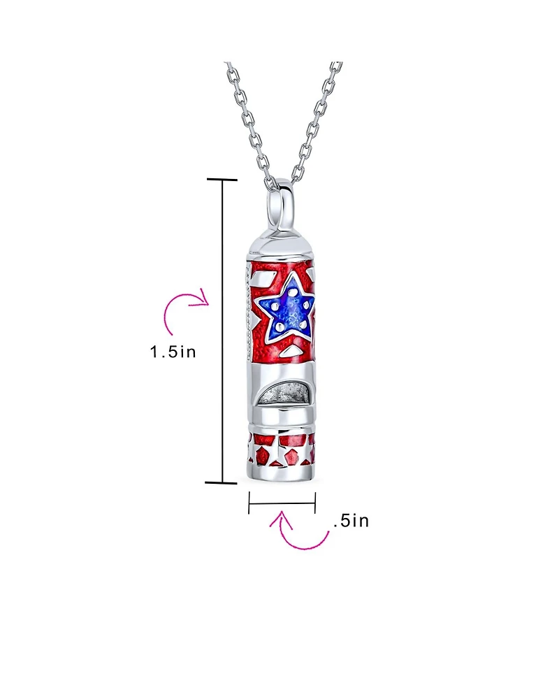 Back to School Red White Blue Enamel American Usa Patriotic Red White Blue Star Flag Whistle Necklace Pendant Rhodium Plated Brass