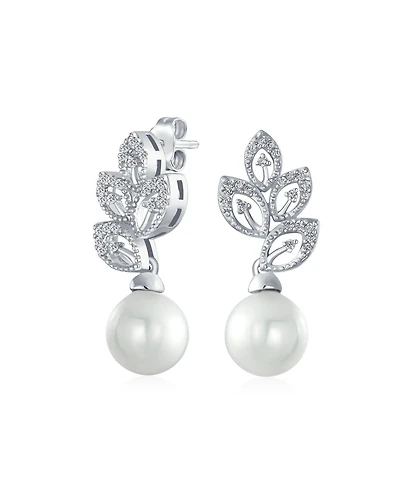 Bling Jewelry Statement Pave Cz Cubic Zirconia Leaf White Simulated Pearl Drop Earrings Silver Plated