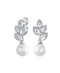 Bling Jewelry Statement Pave Cz Cubic Zirconia Leaf White Simulated Pearl Drop Earrings Silver Plated