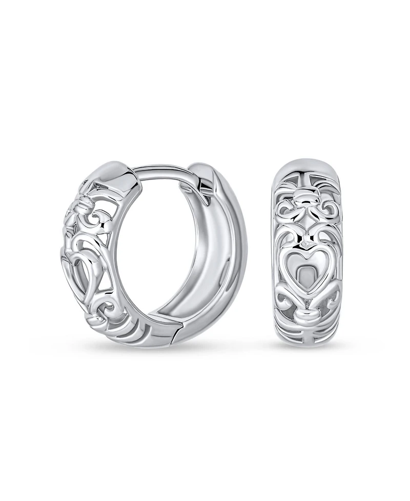 Bling Jewelry Open Heart Cut Out Filigree Endless Huggie Small Hoop Earrings Hinged Sterling Silver