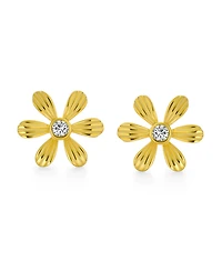Simple Dainty Cz Accent My Sun Shine Sunflower Flower Daisy Stud Earrings 14K Yellow Gold Plated .925 Sterling Silver