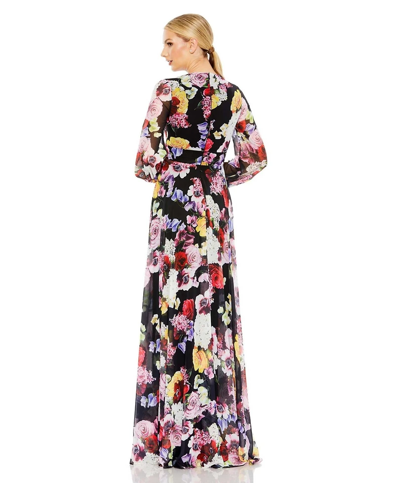 Women's Ieena Floral Print Illusion Long Sleeve V Neck Gown
