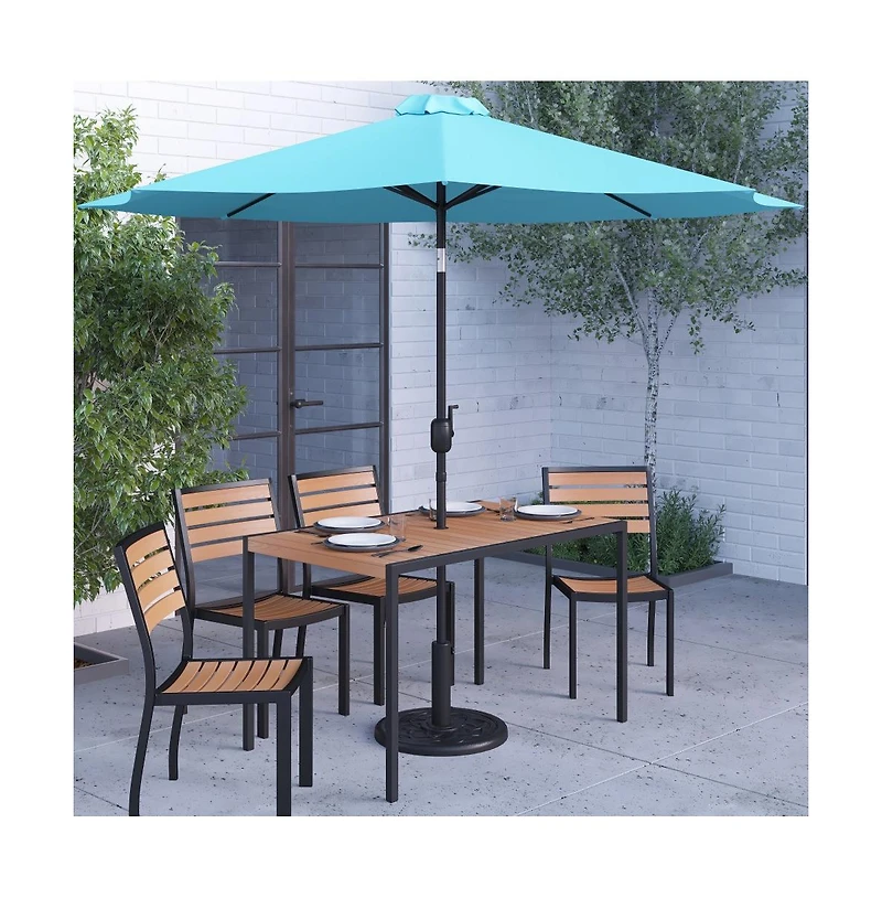 Calle 7 Piece Outdoor Faux Teak Poly Slat Outdoor Furniture Set - Table, 4 Chairs And Patio Umbrella And Base