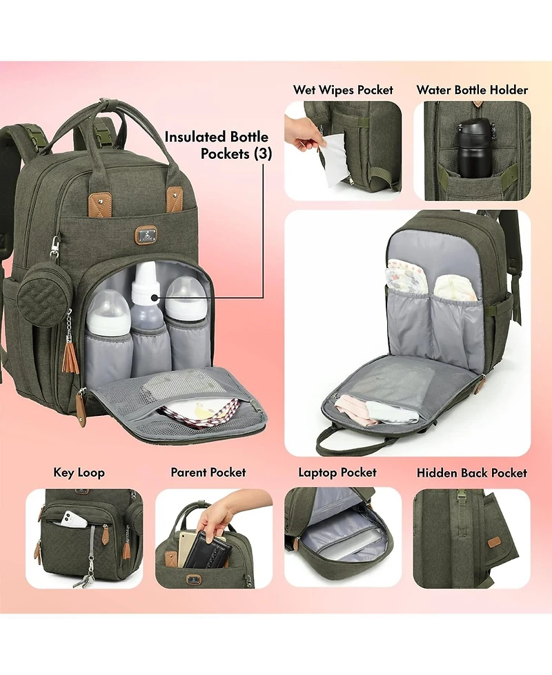 Dikaslon Diaper Bag Backpack with Portable Changing Pad, Pacifier Case and Stroller Straps