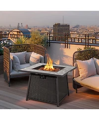 35 Inch Propane Gas Fire Pit Table Wicker Rattan with Lava Rocks Pvc Cover-Black