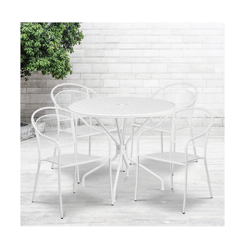 Commercial 35.25" Round Metal Garden Patio Table Set W/ 4 Round Back Chairs