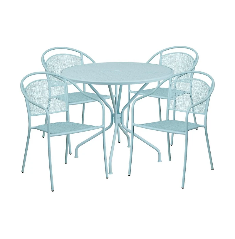 Commercial 35.25" Round Metal Garden Patio Table Set W/ 4 Round Back Chairs