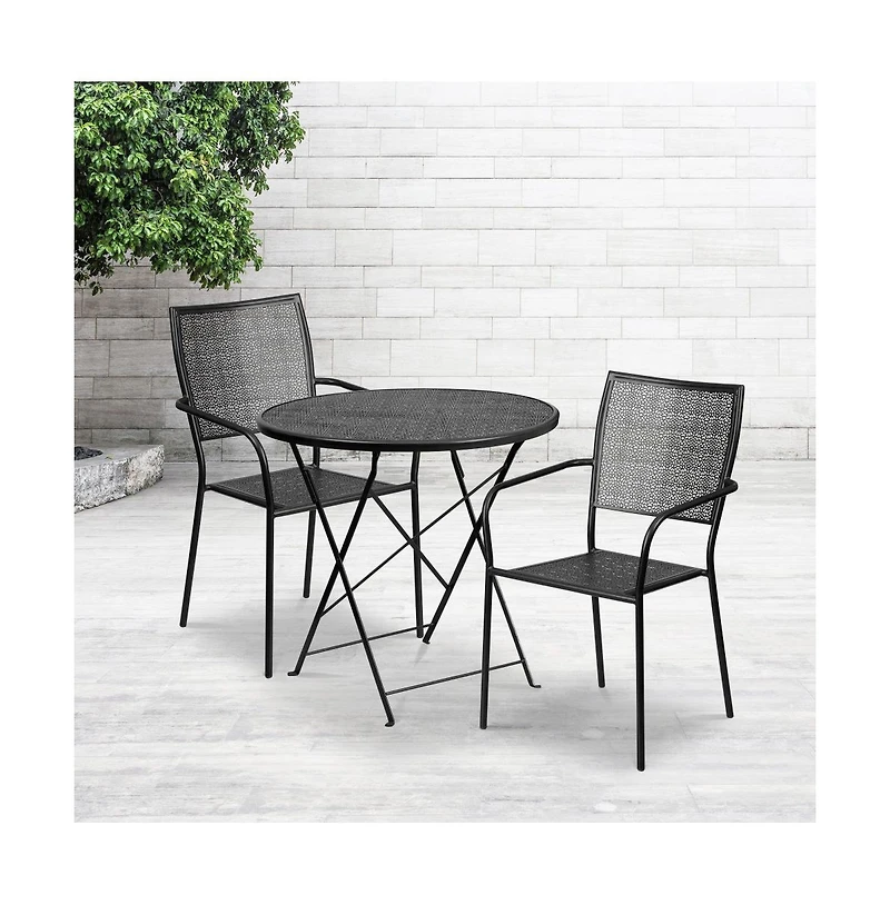 Commercial Grade 30" Round Metal Folding Patio Table Set W/ 2 Square Back Chairs