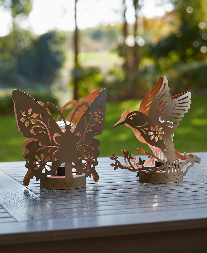 Glitzhome 9.75" H Black and Gold-Tone Metal Cutout Flying Hummingbird Silhouette Solar Powered Edison Bulb Outdoor Lantern