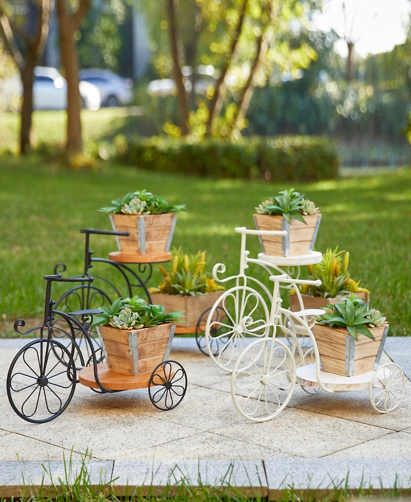 Glitzhome 18" L Washed Solid Wood and Metal Tricycle Planter Stand