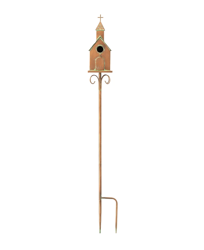 Glitzhome 53"H Farmhouse Faux Copper Distressed Metal Church Outdoor Decorative Garden Birdhouse with Stake
