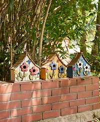 Glitzhome 10.5" H Washed Distressed Solid Wood Two-Story Townhouse Garden Birdhouse with 3D Flowers