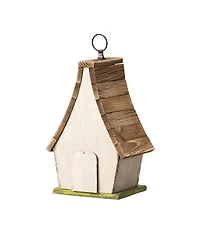 Glitzhome 9.5" H Washed White Distressed Solid Wood Decorative Outdoor Garden Birdhouse with Natural Wood Pallet Roof and 3D Tree