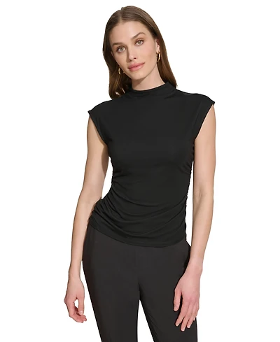 Dkny Women's Mock-Neck Sleeveless Side-ruched Knit Top, Regular & Petite