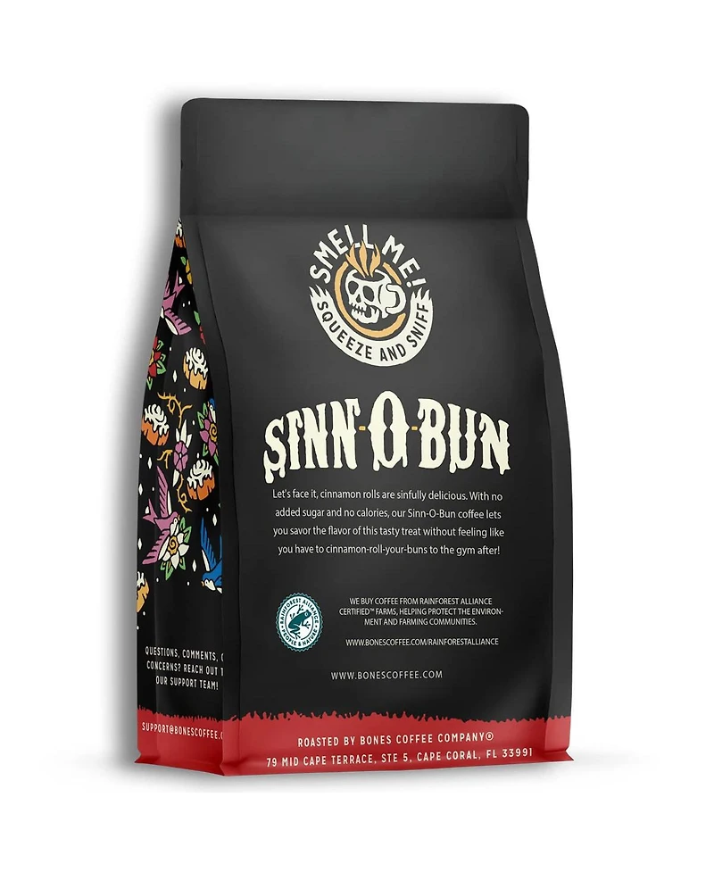 Bones Coffee Ground Coffee | 12 oz Medium Roast Arabica Low Acid Flavored Coffee | Cinnamon Roll Flavor Company