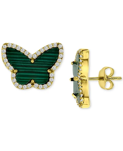 Malachite & Cubic Zirconia Butterfly Stud Earrings in 14k Gold-Plated Sterling Silver