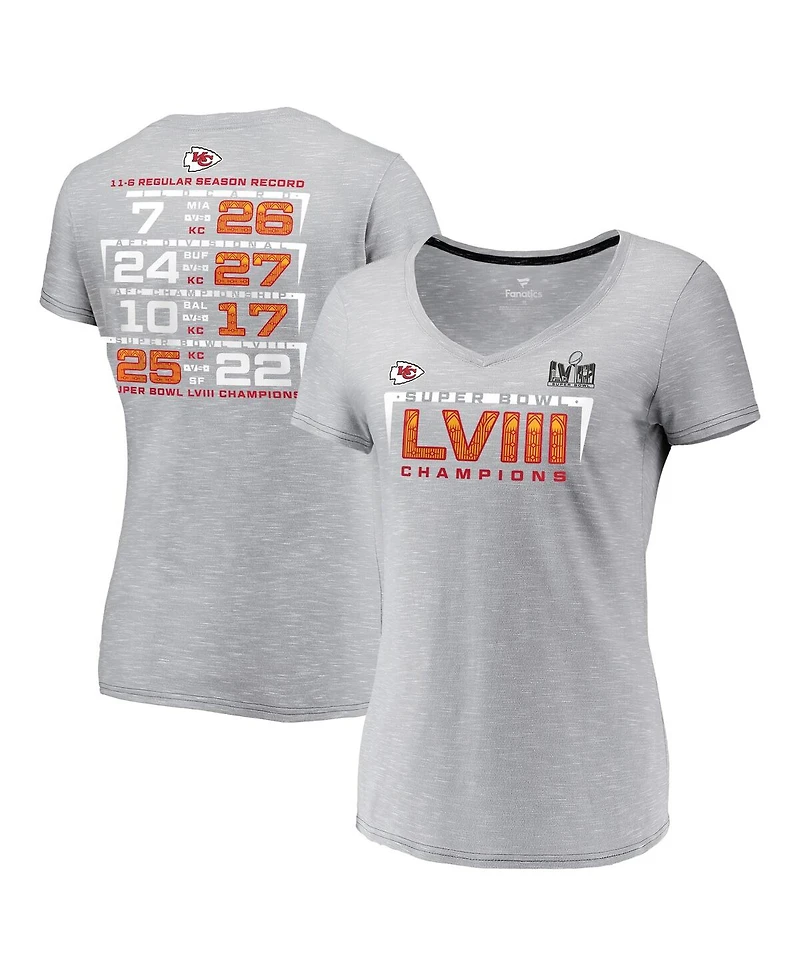 Women's Fanatics Gray Kansas City Chiefs Super Bowl Lviii Champions Counting Points V-Neck T-shirt