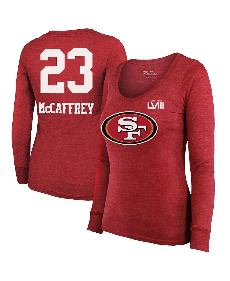 Women's Majestic Threads Christian McCaffrey Scarlet San Francisco 49ers Super Bowl Lviii Scoop Name and Number Tri-Blend Long Sleeve T-shirt