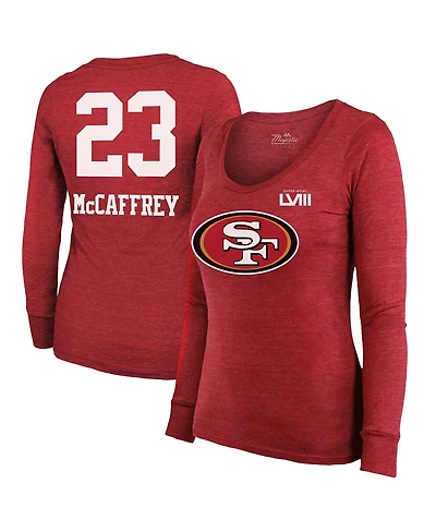 Women's Majestic Threads Christian McCaffrey Scarlet San Francisco 49ers Super Bowl Lviii Scoop Name and Number Tri-Blend Long Sleeve T-shirt
