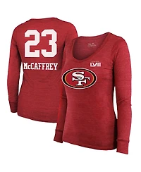 Women's Majestic Threads Christian McCaffrey Scarlet San Francisco 49ers Super Bowl Lviii Scoop Name and Number Tri-Blend Long Sleeve T-shirt
