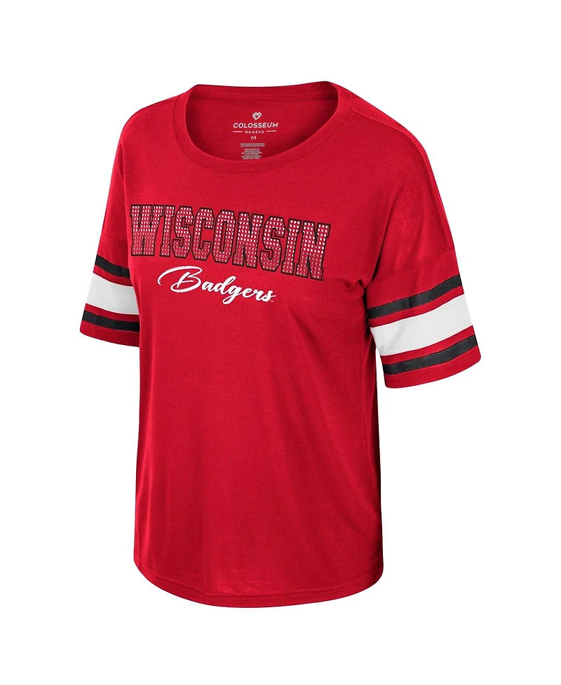 Women's Colosseum Red Wisconsin Badgers I'm Gliding Here Rhinestone T-shirt