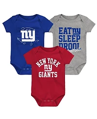 Baby Boys and Girls Royal, Red, Heather Gray New York Giants Three-Pack Eat, Sleep and Drool Retro Bodysuit Set