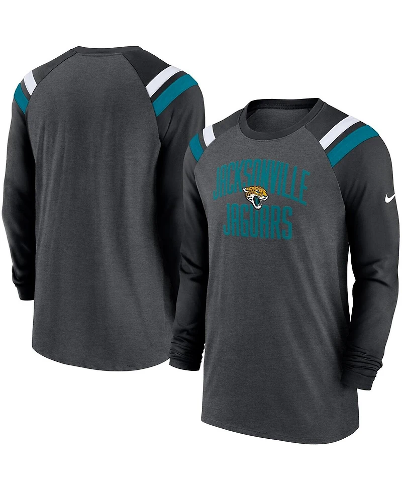 Men's Nike Heathered Charcoal, Black Jacksonville Jaguars Tri-Blend Raglan Athletic Long Sleeve Fashion T-shirt