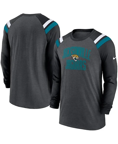 Men's Nike Heathered Charcoal, Black Jacksonville Jaguars Tri-Blend Raglan Athletic Long Sleeve Fashion T-shirt