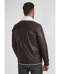 Furniq Uk Men's Genuine Leather Coat with Shearling Lining, Brown Nappa and White Curly Wool