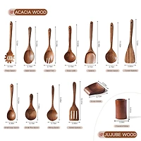 Sugift 13-Piece Wooden Spoons for Cooking, Wooden Spatula Set with Holder, Spoon Rest & Hooks