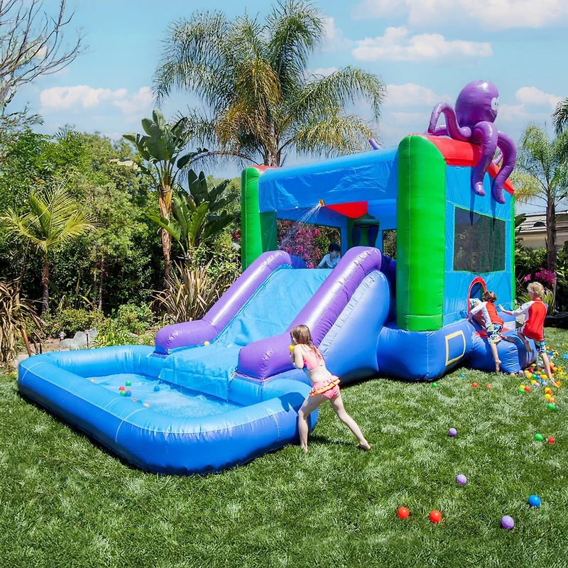 HeroKiddo Octopus Commercial Grade Bounce House Water Slide with Splash Pool for Kids and Adults (with Blower), Wet Dry Combo, Basketball Hoop, Outdoo