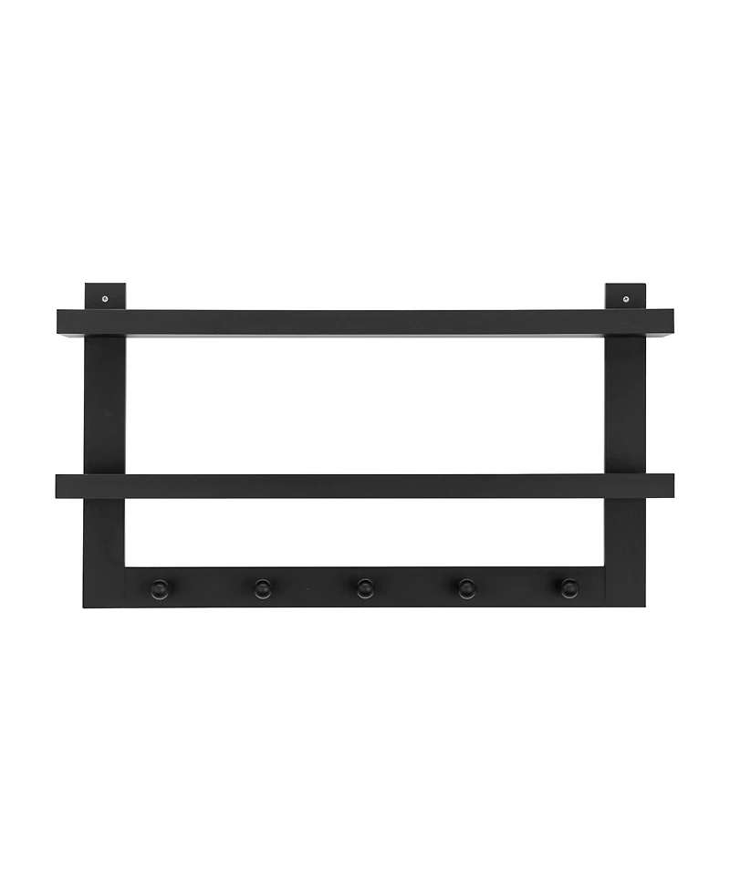 Danya B 2-Tier Ledge Wall Shelf organizer with Five Hanging Coat or towel Hooks, Perfect For Entryway or Bathroom