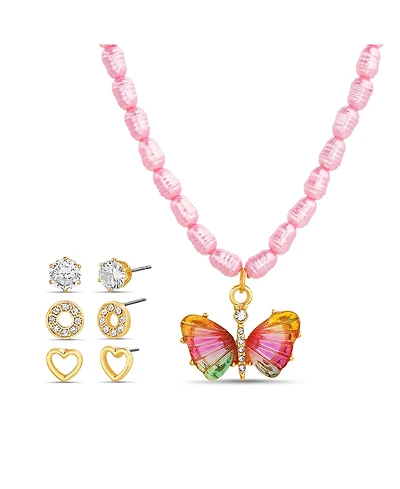 kensie 3 Piece Mixed Earring Set with Pearl Butterfly Pendant Necklace