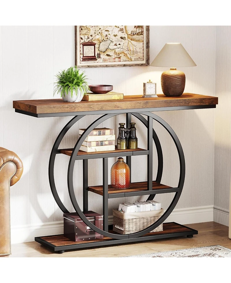 Tribesigns 41.3" Console Table, Industrial 4-Tier Sofa Table Entryway Table with Circle Base, Narrow Wood Accent Tables with Storage Shelves for Livin