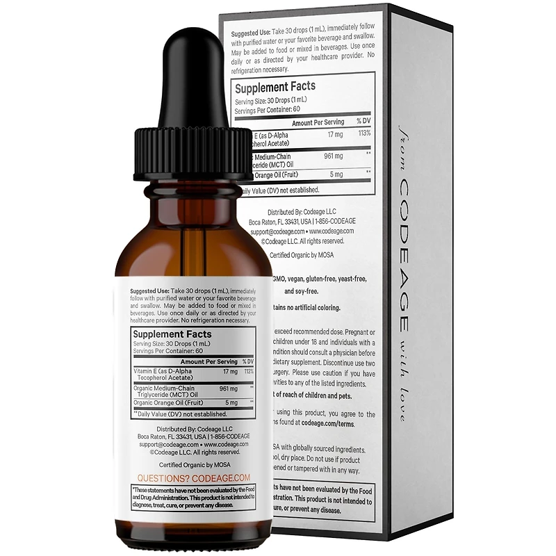 Codeage Liquid Vitamin E+ - Usda-Certified Organic Vitamin E - 2-Month Supply