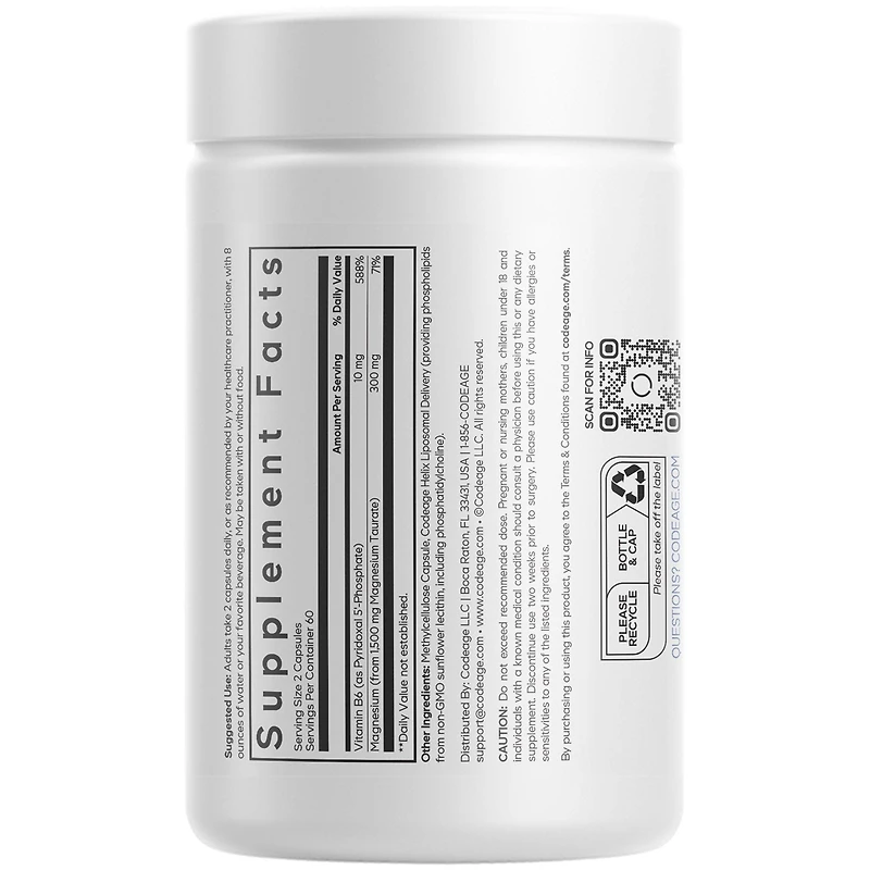 Codeage Liposomal Magnesium Taurate+ Supplement - Magnesium from Magnesium Taurate, Vitamin B6 as Pyridoxal 5-Phosphate, 2-Month Supply