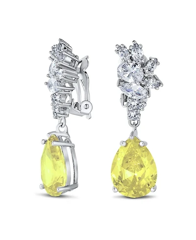 Bling Jewelry Cubic Zirconia Cz Statement Dangle Leaf Teardrop Formal Chandelier Clip On Earrings Silver Plated