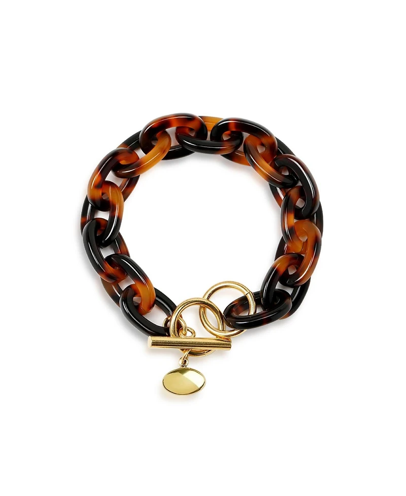 Bling Jewelry Fashion Statement Brown Golden Acrylic Leopard Tortoise Shell Oval Chain Link Bracelet Yellow Gold Plated Stainless Steel Adjustable Tog