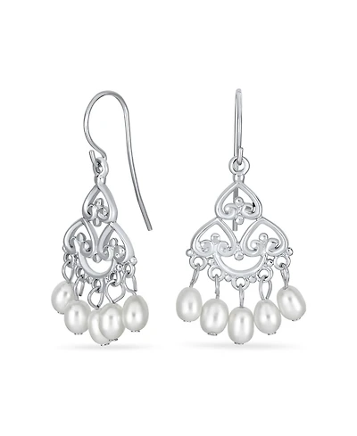 Bling Jewelry White Freshwater Cultured Pearl Filigree Dangle Chandelier Earrings Sterling Silver