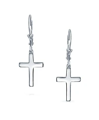 Bling Jewelry Minimalist Religious Cross Dangle Earrings 14K Gold Plated Sterling Silver