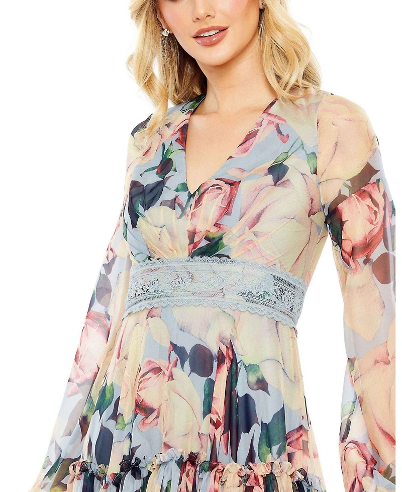 Women's Floral Puff Sleeve Dress With Embroidered Waist