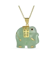 Bling Jewelry Longevity Pale Green Natural Jade Indian Elephant Pendant Necklace For Women Gold Plated Sterling Silver 18"