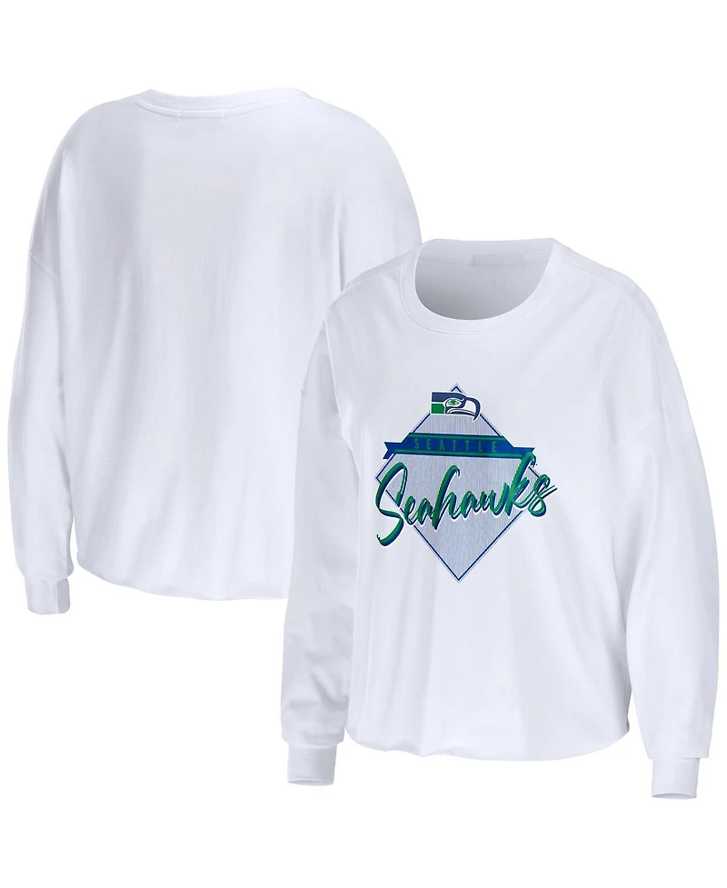 Women's Wear by Erin Andrews White Seattle Seahawks Domestic Cropped Long Sleeve T-shirt