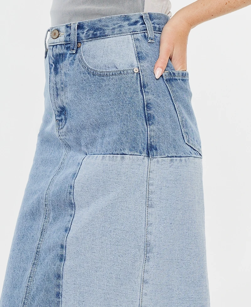 Kancan Women's Two-Toned Color Block Denim Midi Skirt