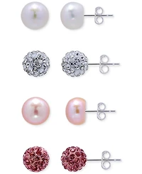 4-Pc. Set White & Dyed Pink Cultured Freshwater Pearl & Crystal Fireball Stud Earrings in Sterling Silver